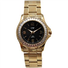 Black Dial Clear Baguette Crystal Gold Stainless Steel Watch1