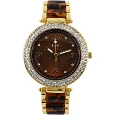 Gold Tone Brown Dial Round Face with Crystals Watch1