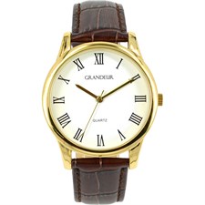 Gold Tone Brown Leather Watch White Roman Numerals1